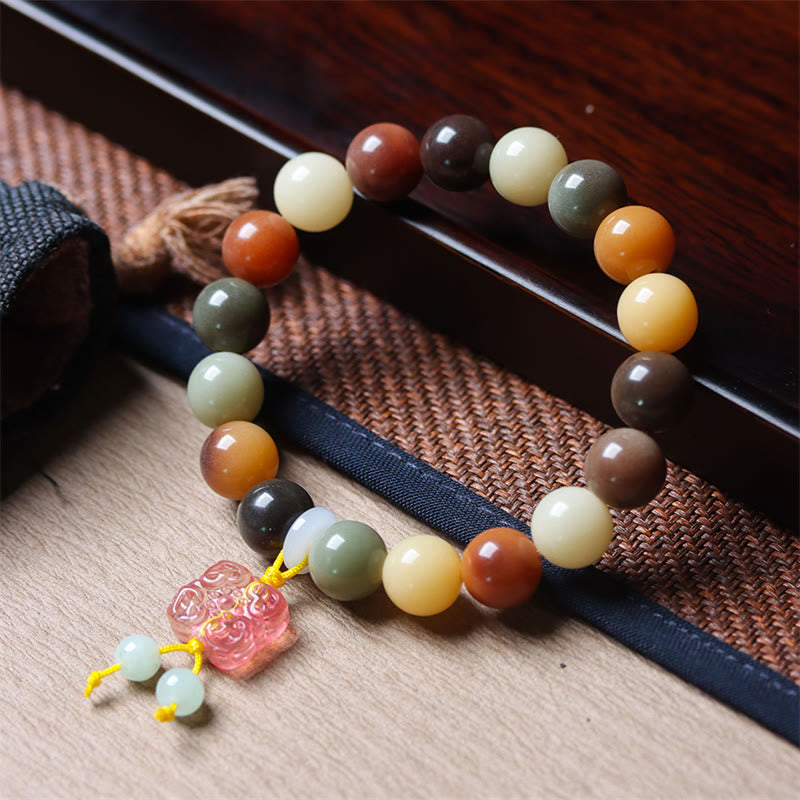 Mythstone Natural Multicolored Gradient Bodhi Seed Liuli Glass Charm Peace Bracelet