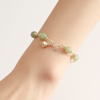 Mythstone 14K Gold Plated Hetian Jade Golden Rose Flower Luck Chain Bracelet