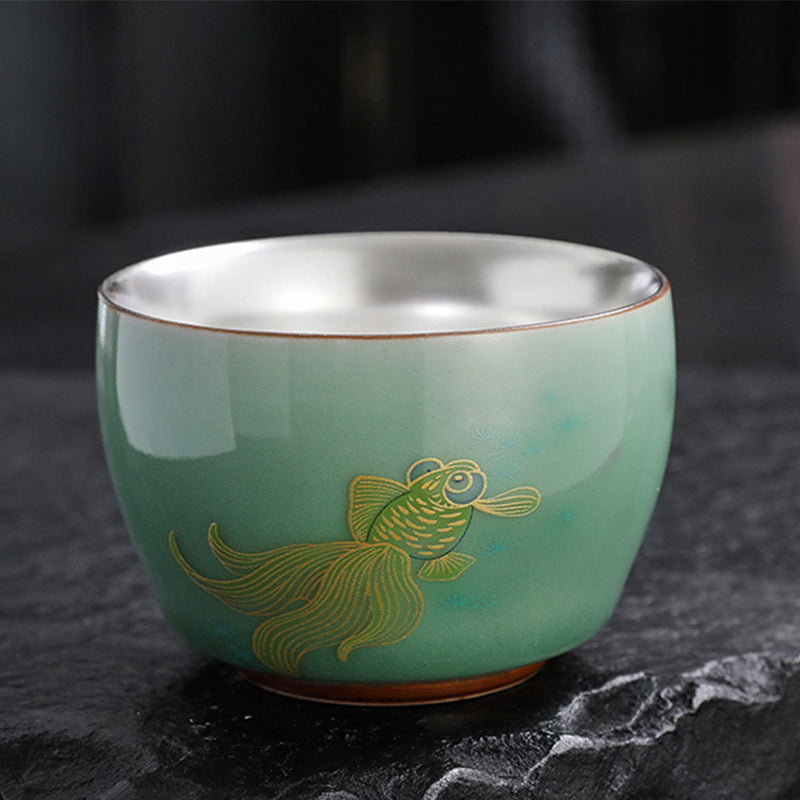 Mythstone 999 Sterling Silver Gilding Butterfly Goldfish Lotus Koi Fish Ceramic Teacup Kung Fu Tea Cup 120ml