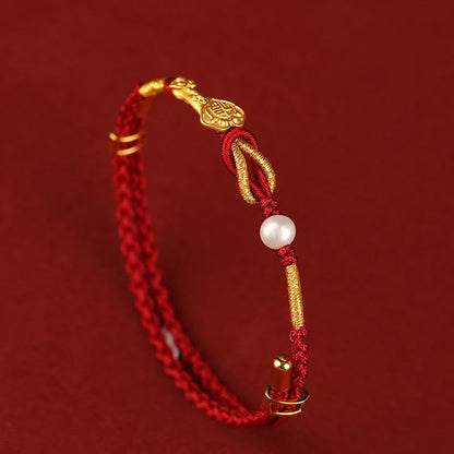 Mythstone 24K Gold Wish Ruyi Handle Fu Character Rabbit Pearl Luck Braided Bracelet