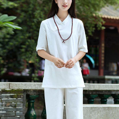 Mythstone 2Pcs Half Sleeve V-Neck Shirt Top Pants Meditation Zen Tai Chi Linen Clothing Women's Set