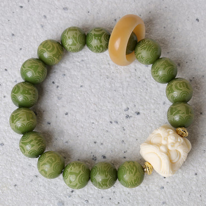 Mythstone Green Bodhi Seed Ivory Fruit Dancing Lion Om Mani Padme Hum Engraved Peace Bracelet