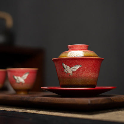 Mythstone Red Auspicious Crane Ceramic Gaiwan Sancai Teacup Kung Fu Tea Cup And Saucer With Lid