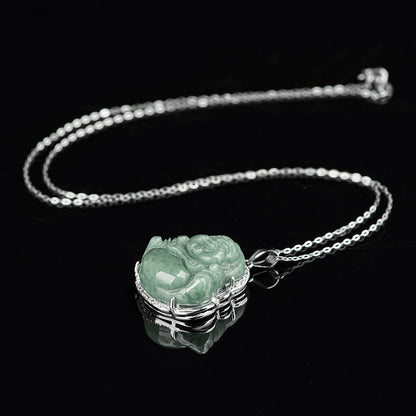 Mythstone 925 Sterling Silver Laughing Buddha Jade Abundance Necklace Chain Pendant