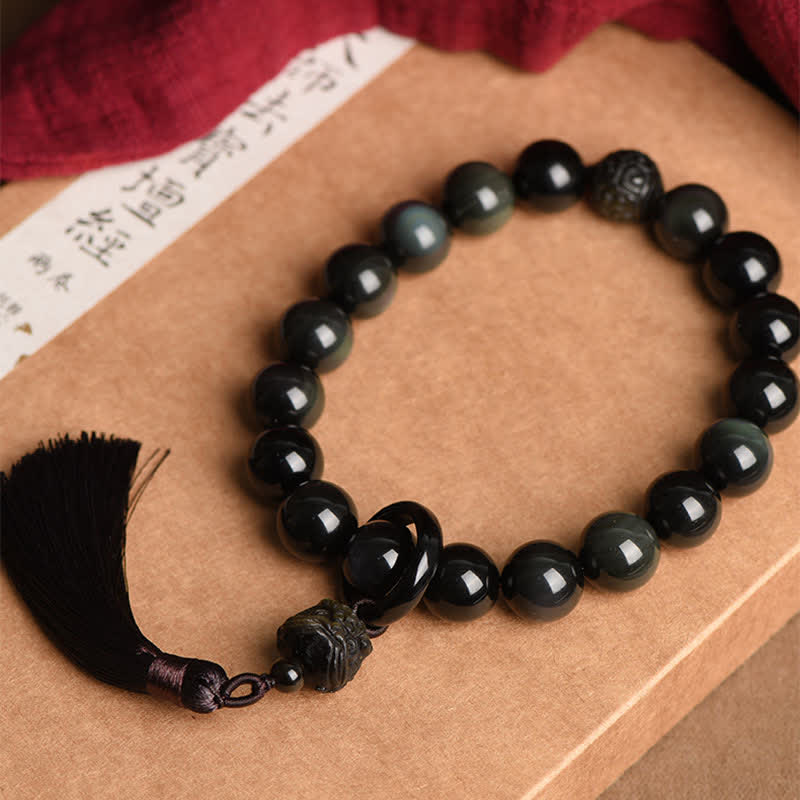 Mythstone Natural Black OMythstoneidian Lion Wrist Mala Protection Tassels Pocket Mala Car Decoration