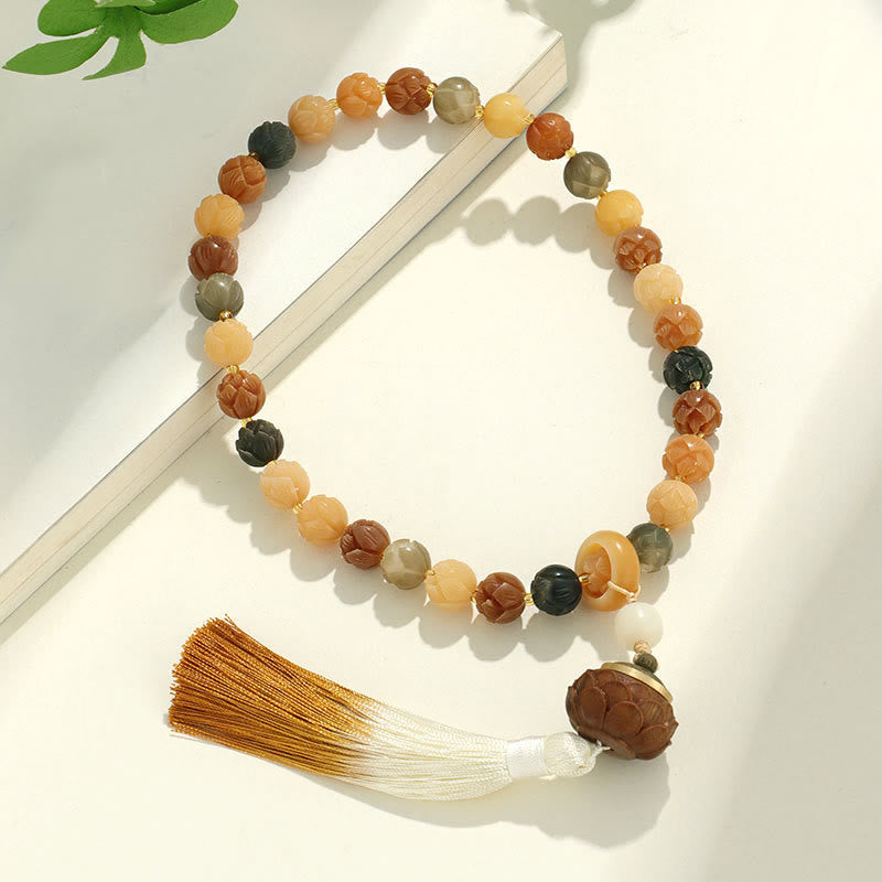 Mythstone Natural Bodhi Seed Om Mani Padme Hum Lotus Carved Wisdom Wrist Mala