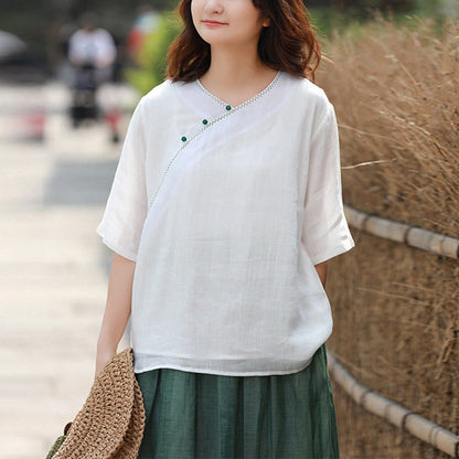 Mythstone V-Neck Ramie Linen Loose Casual Blouse Short Sleeve Shirt Chinese Style Top