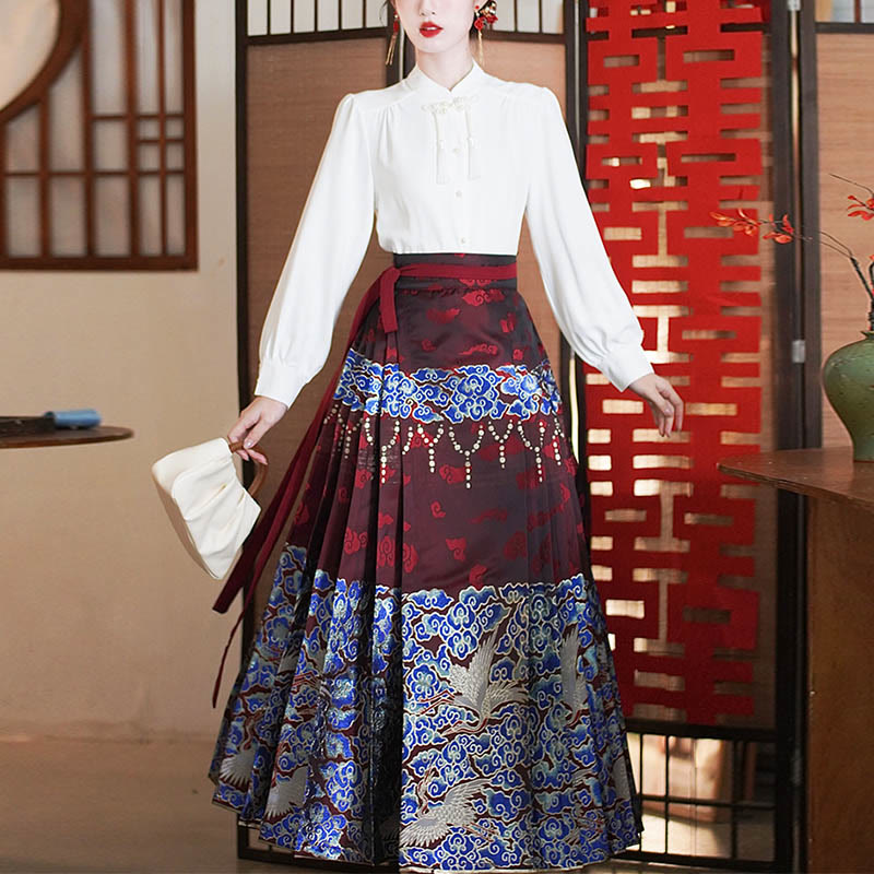 Mythstone Long Sleeve Shirt Top Chinese Hanfu Crane Blue Auspicious Clouds Horse Face Skirt Mamianqun