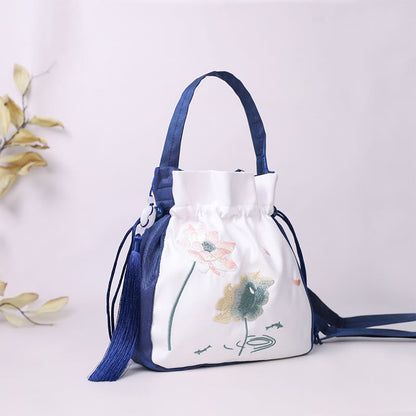 Mythstone Embroidered Lotus Koi Fish Crane Camellia Cotton Linen Tote Crossbody Bag Shoulder Bag Handbag