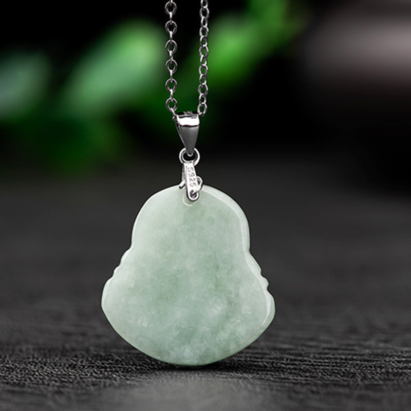 Mythstone 925 Sterling Silver Laughing Buddha Jade Blessing Necklace Chain Pendant