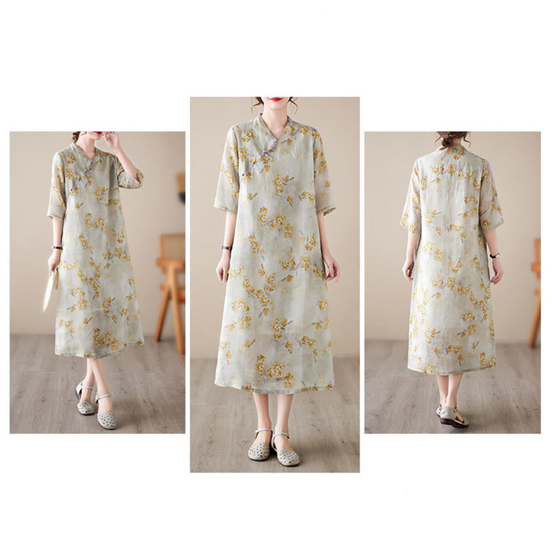 Mythstone Yellow Flowers Print Cheongsam Midi Dress Cotton Linen Half Sleeve Dress With Pockets