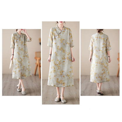 Mythstone Yellow Flowers Print Cheongsam Midi Dress Cotton Linen Half Sleeve Dress With Pockets