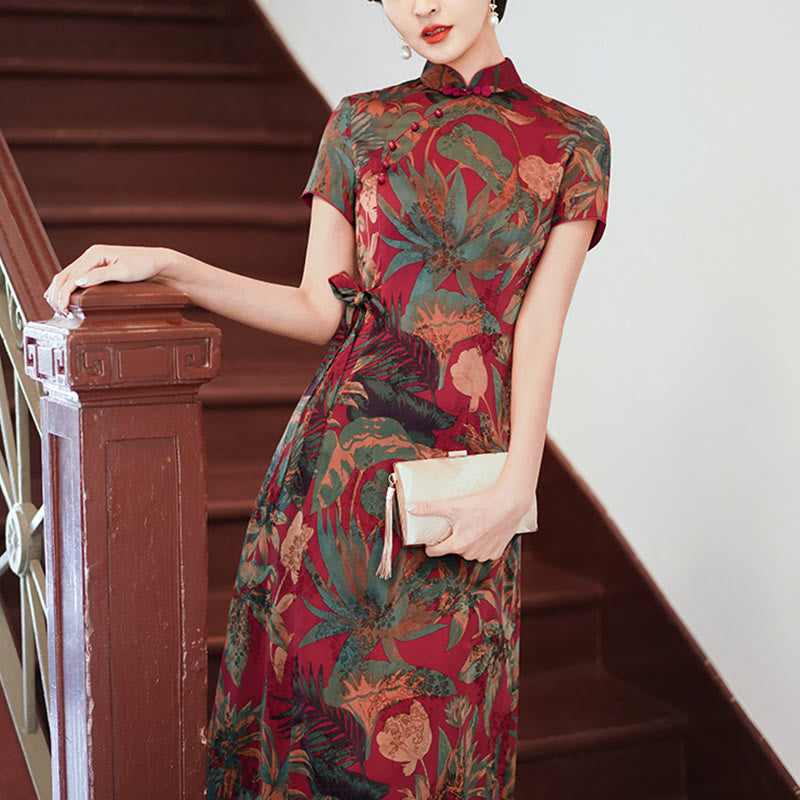 Mythstone Silk Qipao Dress Retro Flower Leaf Pattern Women's Cheongsam Dress