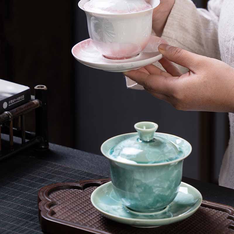 Mythstone Traditional Glaze Ceramic Gaiwan Sancai Teacup Kung Fu Tea Cup And Saucer With Lid 180ml