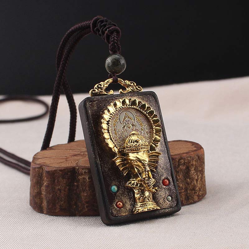 Mythstone Ebony Wood Elephant God of Fortune Buddha Blessing Necklace String Pendant