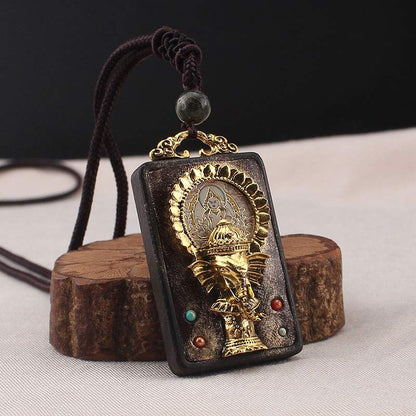 Mythstone Ebony Wood Elephant God of Fortune Buddha Blessing Necklace String Pendant