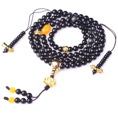 Mythstone 108 Beads Natural Black Obsidian Lotus Fulfilment Mala Bracelet