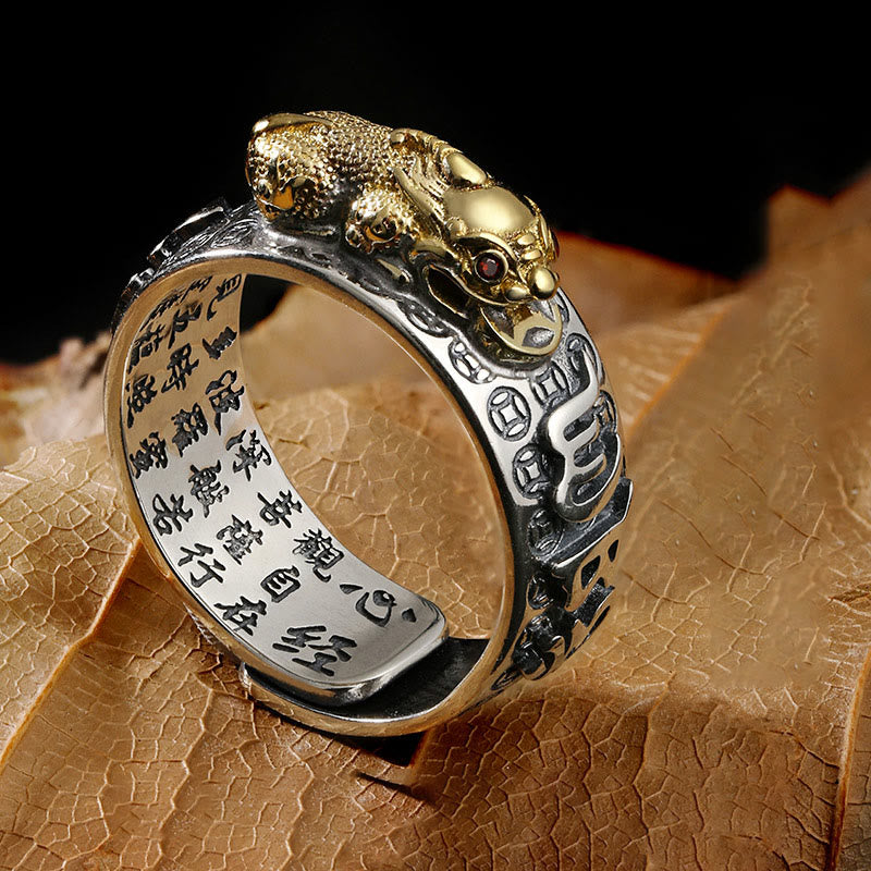 Mythstone Tibetan 990 Sterling Silver Om Mani Padme Hum PiXiu Dorje Vajra Heart Sutra Engraved Wealth Ring