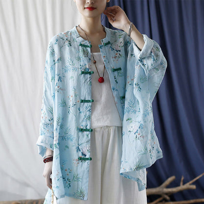 Mythstone Light Green Pink Flowers Green Leaves Frog-Button Long Sleeve Ramie Linen Jacket Shirt