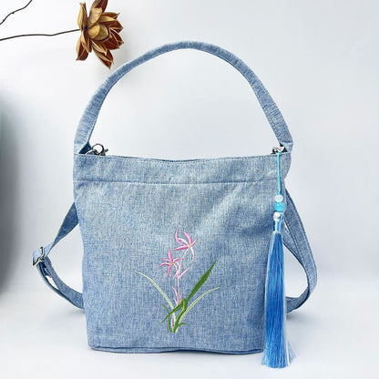 Mythstone Embroidery Wisteria Plum Lotus Cherry Blossom Cotton Linen Canvas Tote Crossbody Bag Shoulder Bag Handbag