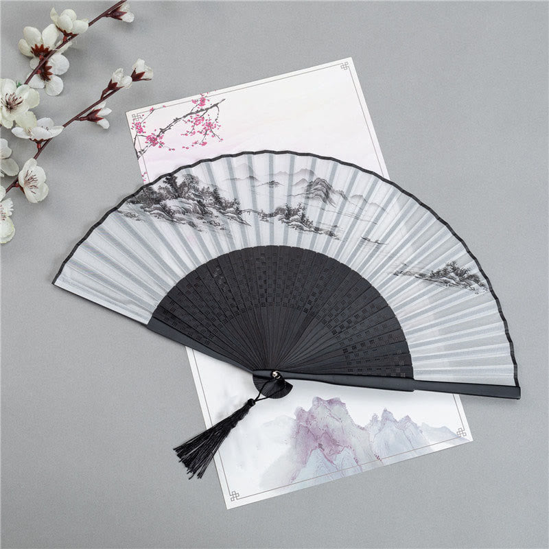 Mythstone Mountains Plum Blossom Lotus Magpie Bamboo Leaves Handheld Silk Bamboo Folding Fan 22.5cm