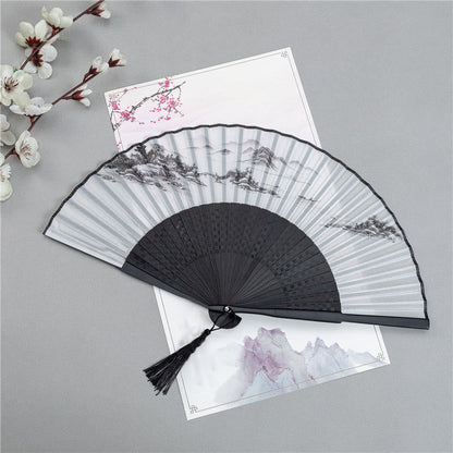 Mythstone Mountains Plum Blossom Lotus Magpie Bamboo Leaves Handheld Silk Bamboo Folding Fan 22.5cm