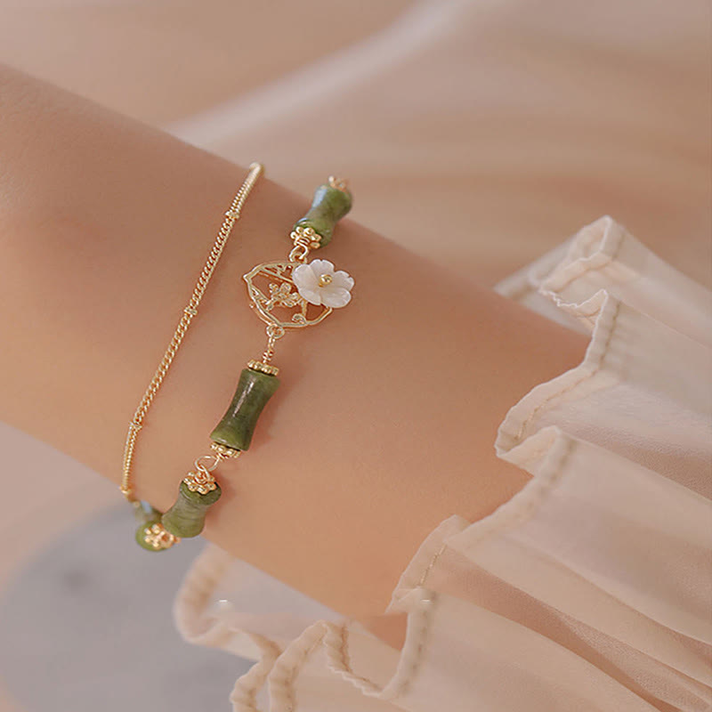 Mythstone 14k Gold Plated Copper Peridot Bamboo Flower Wealth Double Layer Bracelet