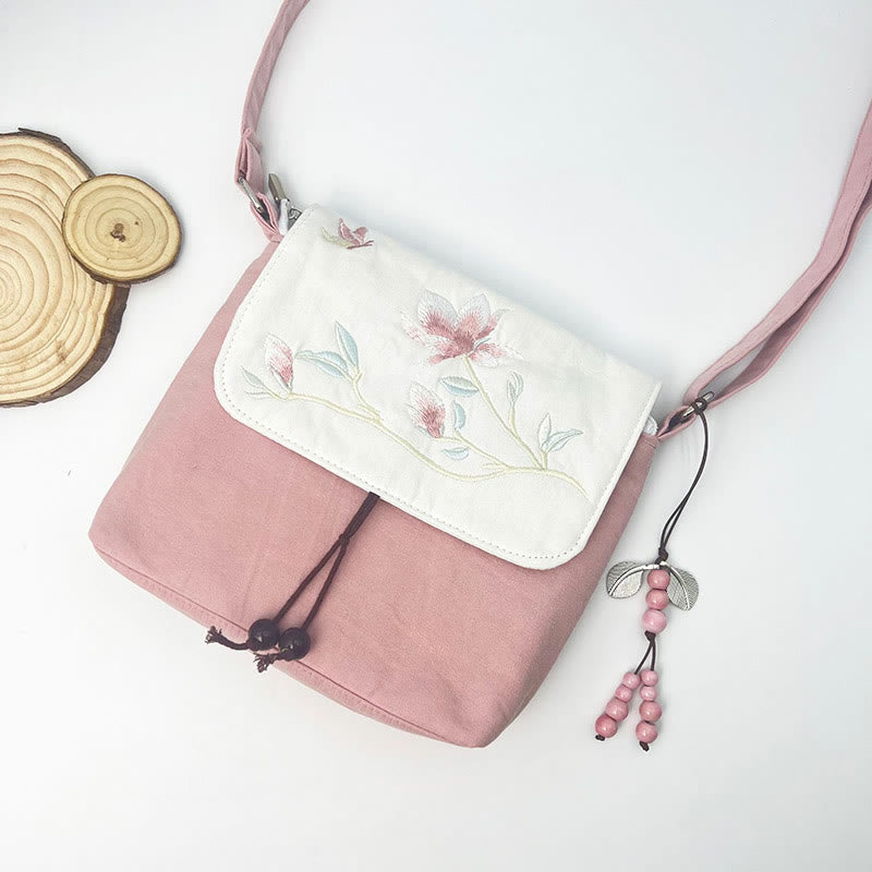 Bolso bandolera con bordado de camelia, epifilo, gardenia y flores de cerezo de Mythstone, bolso de hombro, bolso para teléfono móvil