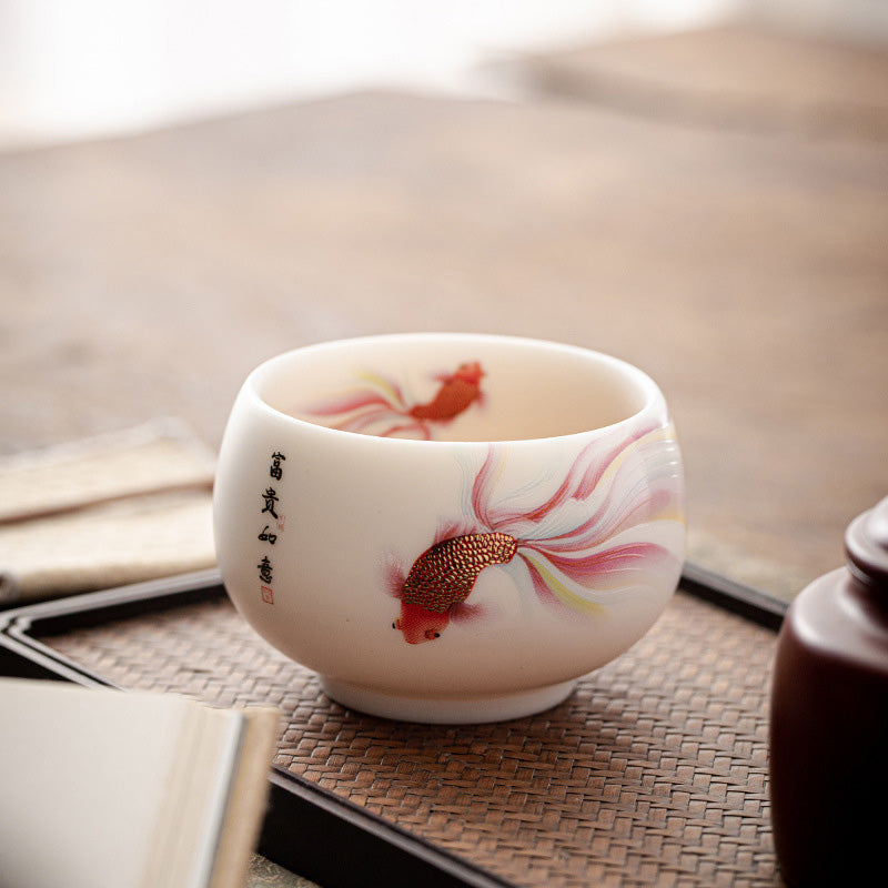 Mythstone Koi Fish White Porcelain Ceramic Teacup Kung Fu Tea Cup