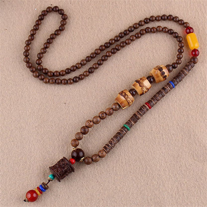 Mythstone Tibetan Wenge Wood Bodhi Seed Agate Elephant Protection Necklace Pendant