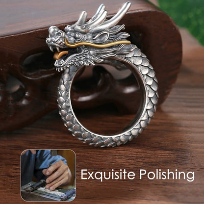 Mythstone 925 Sterling Silver Vintage Dragon Design Protection Strength Adjustable Ring