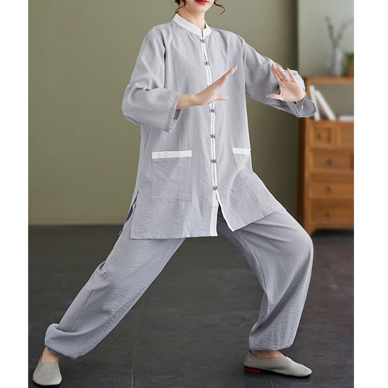 Mythstone 2Pcs Solid Color Long Sleeve Shirt Top Pants Meditation Zen Tai Chi Cotton Linen Clothing Women's Set