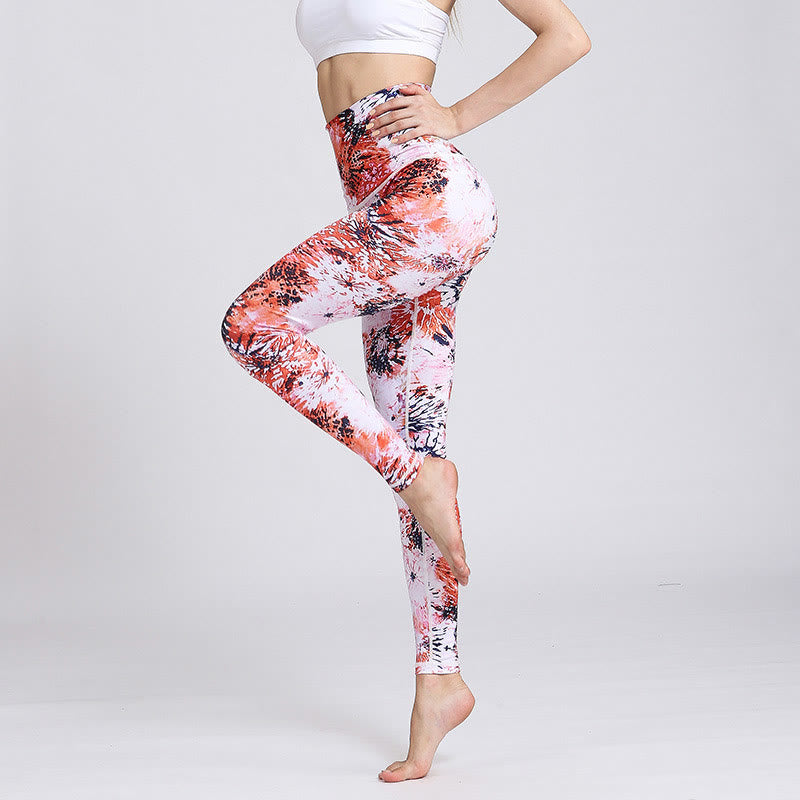 Mythstone Red Pink Flowers Print Sports Fitness Yoga High Waist Leggings Women's Yoga Pants