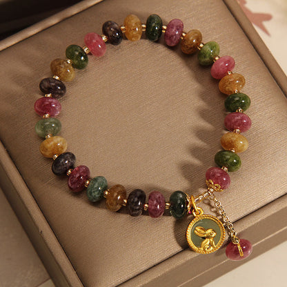 Mythstone Natural Colorful Tourmaline Cute Rabbit Charm Positive Bracelet