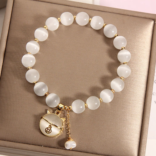 MythStone Cat's Eye Lovely Cat Pattern Pearl Love Charm Bracelet