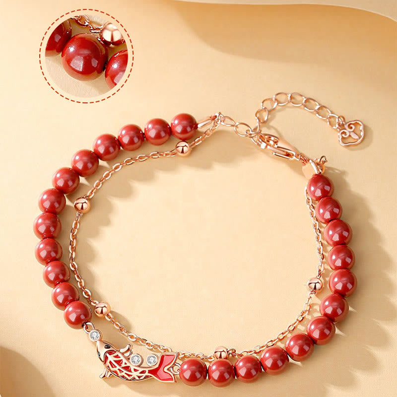 Mythstone 925 Sterling Silver Lucky Koi Fish Cinnabar Zircon Prosperity Double Layer Chain Bracelet