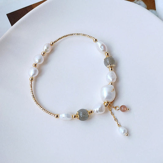 Mythstone Pearl Moonstone Strawberry Quartz Bead Optimism Bracelet