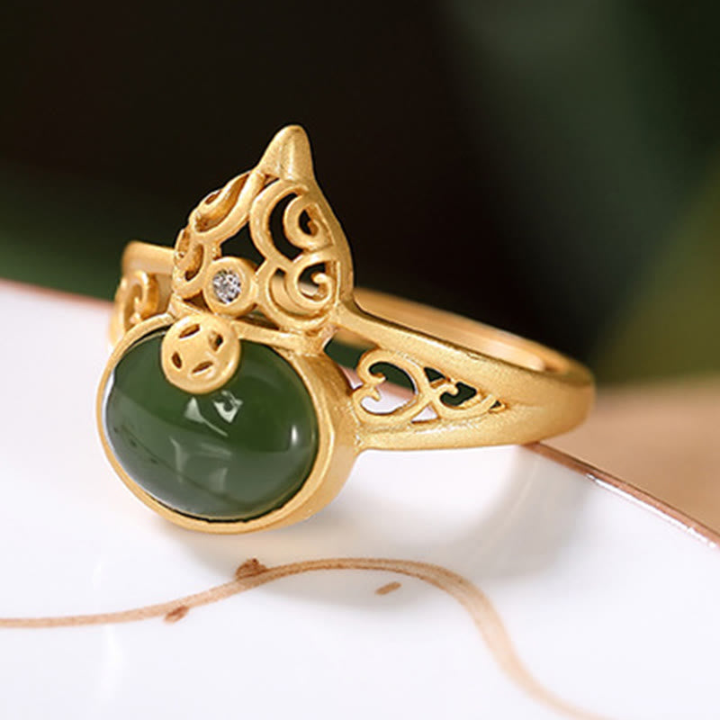 Anillo ajustable con piedra mitológica, calabaza, jade cian, moneda de cobre, suerte y éxito