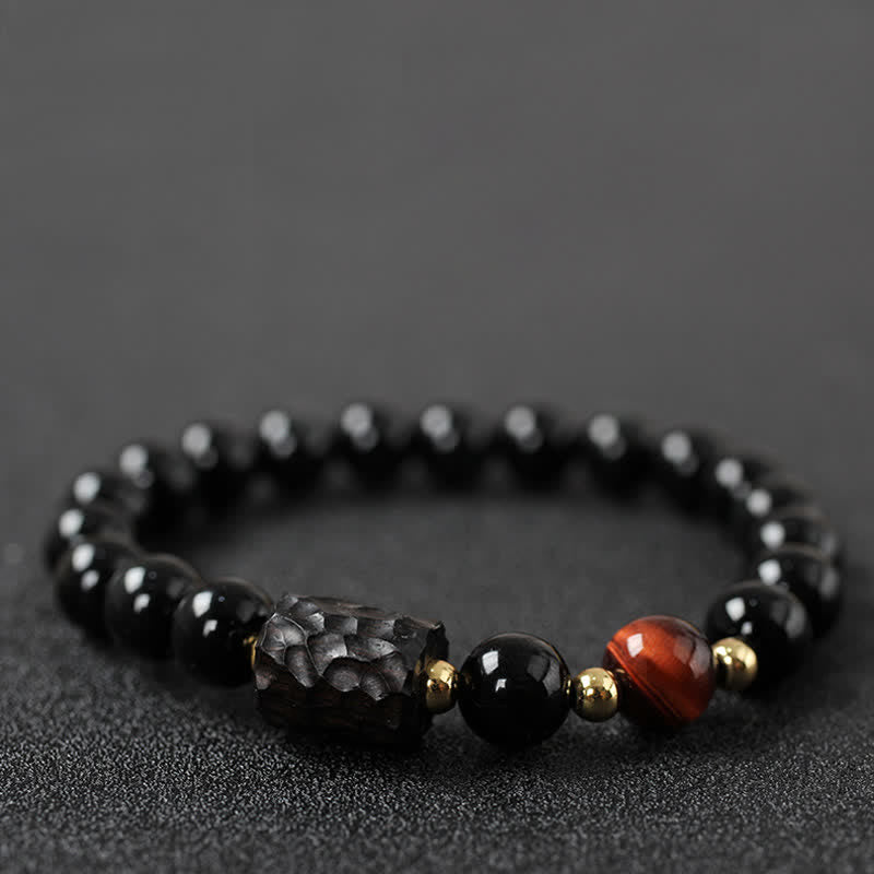 Black Obsidian Ebony Wood Red Tiger Eye Strength Couple Bracelet