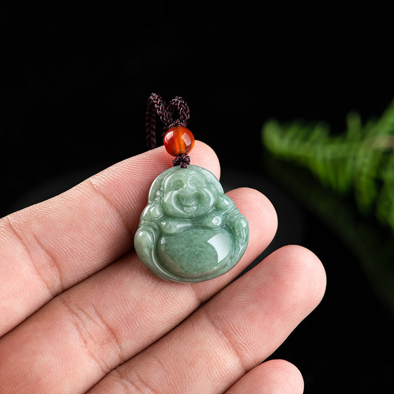 Mythstone Laughing Buddha Cyan Jade Success Necklace String Pendant