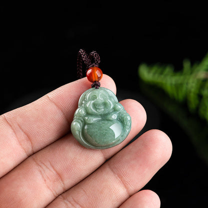 Mythstone Laughing Buddha Cyan Jade Success Necklace String Pendant