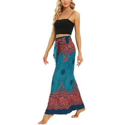 Mythstone Bohemian Compass Flower Print Lace-up Wide Leg Pants Women's Yoga Pants