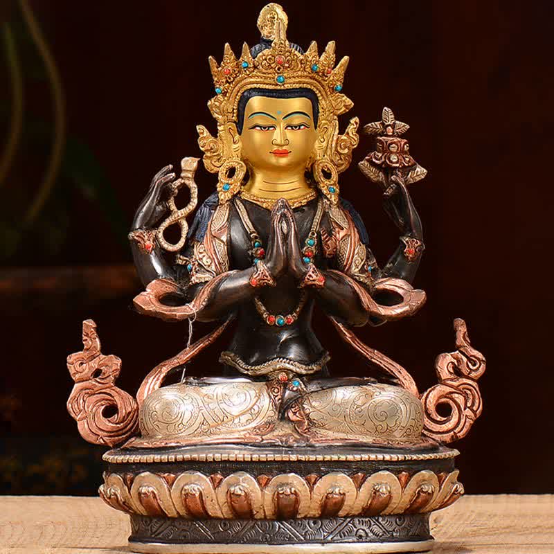 Mythstone Bodhisattva Chenrezig Four-armed Avalokitesvara Protection Copper Statue Decoration