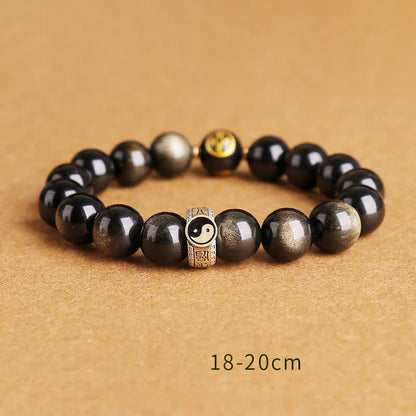 Mythstone 925 Sterling Silver Black Obsidian Gold Sheen Obsidian Silver Sheen Obsidian Yin Yang Protection Bracelet