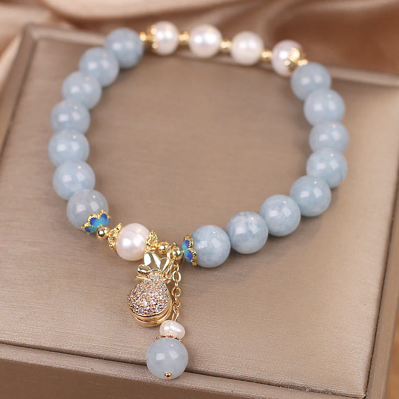 MythStone Aquamarine Pearl Fortune Money Bag Charm Bracelet