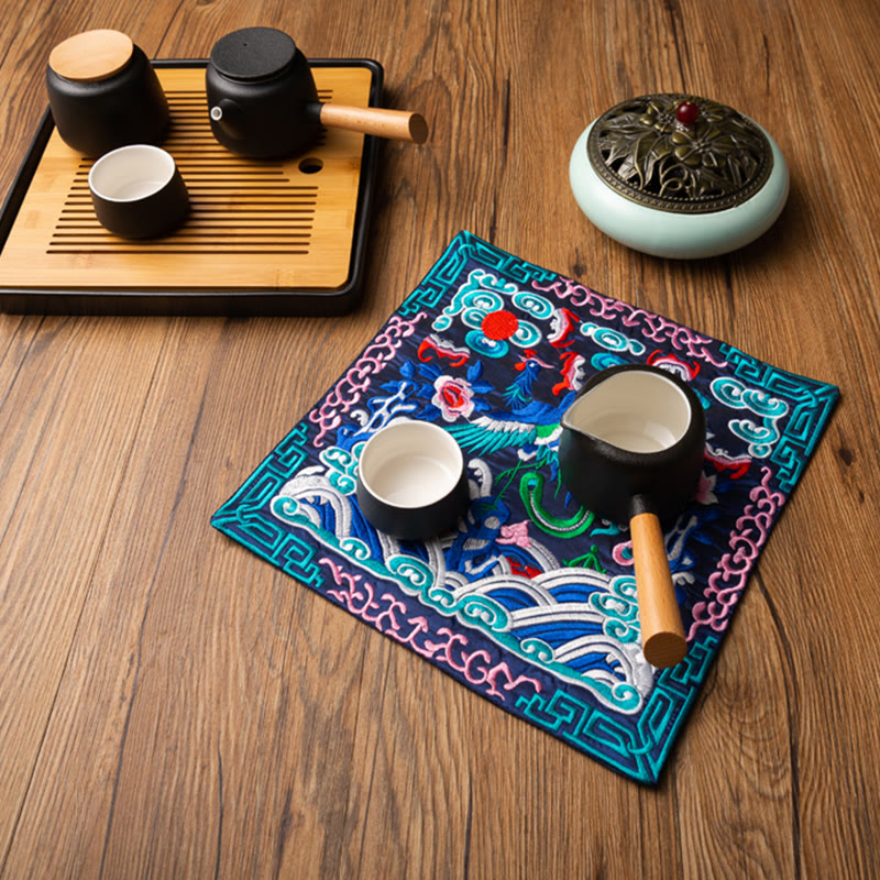 Mythstone Phoenix Dragon Kirin Embroidery Cup Mat Pad Tea Cup Coaster Kung Fu Tea Mat