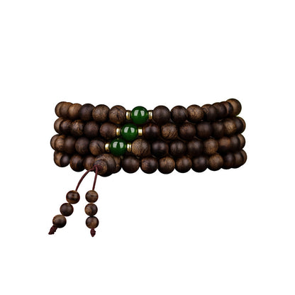 MythStone 108 Mala Beads Indonesia Tarakan Rare Agarwood Cyan Jade Ward Off Evil Spirits Bracelet