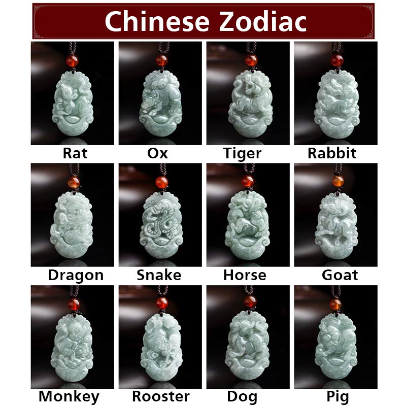 Mythstone Natural Jade 12 Chinese Zodiac Sucess Pendant Necklace