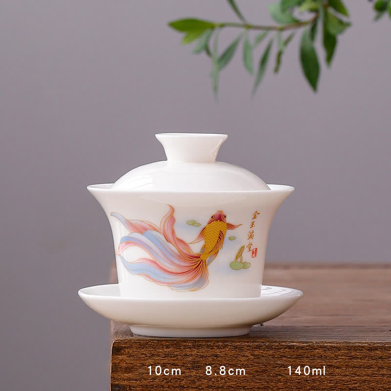 Mythstone White Porcelain Mountain Landscape Countryside Ceramic Gaiwan Teacup Kung Fu Tea Cup And Saucer With Lid