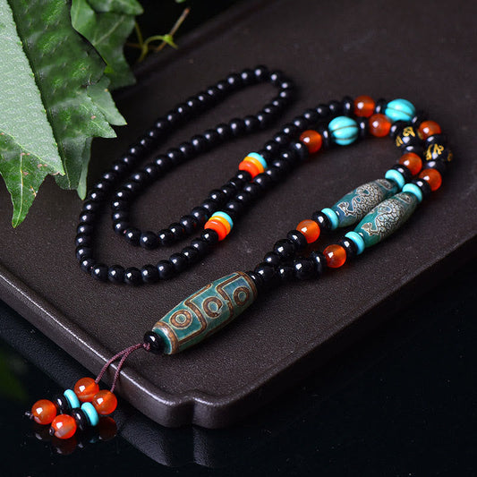 Mythstone Tibetan Nine-Eye Dzi Bead Dragon Pattern Om Mani Padme Hum Protection Necklace Pendant